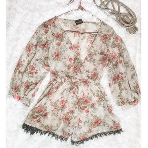 Audrey 3+1 Floral Sheer Sleeves Lace Detail Romper